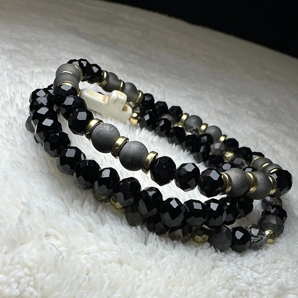 Beaded Bracelet Set of 3 w/Cross Charm on Black & Mirrored Grey & Gold Tone NWOT